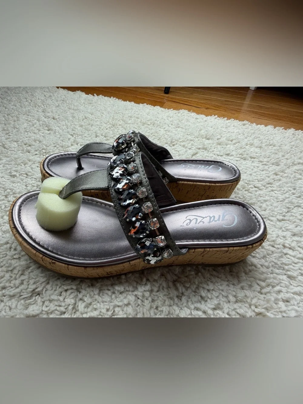 SZ 8 Grazie Black Jeweled Cork Wedge Thong Sandals